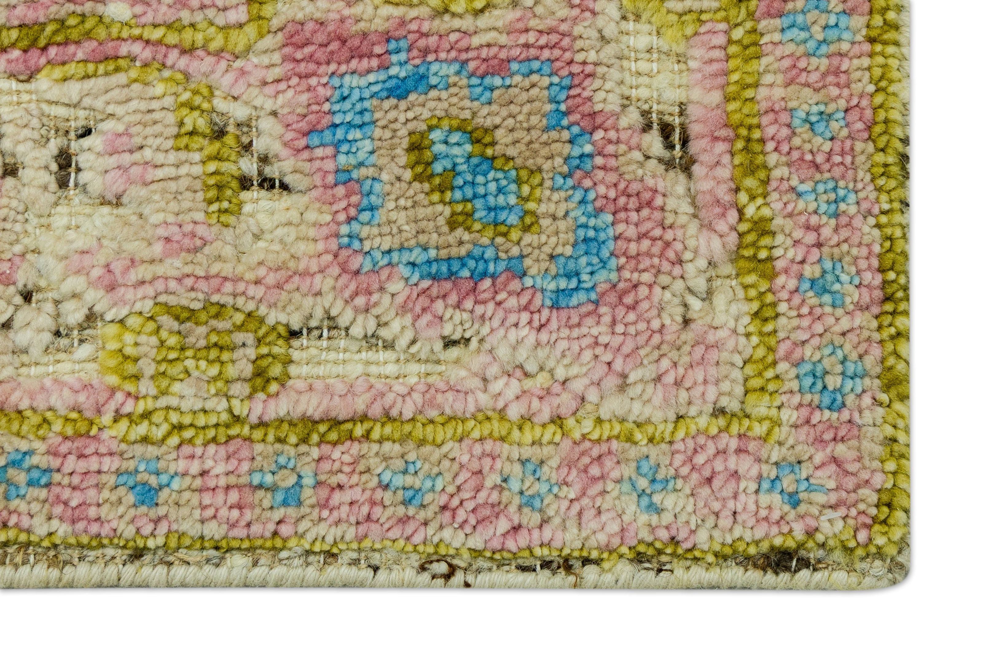 Detail Shot of Floral Pattern HandKnotted Handcarded Wool Handmade Rug for bed rooms, offices, and dining spaces