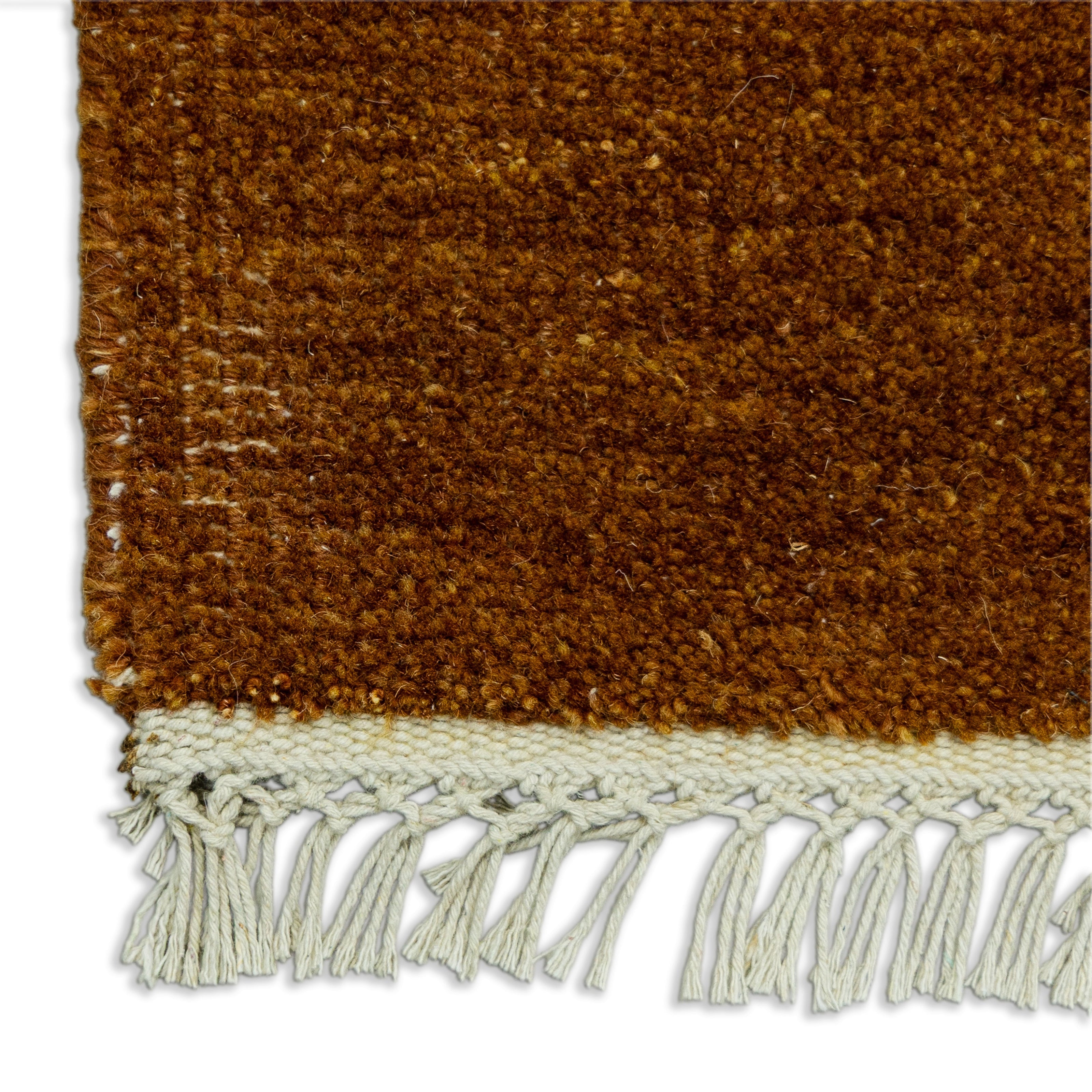 Detail Shot of Textured Pattern Brown Hand-Knotted Indian Wool Handmade Rug for living rooms, offices, and dining spaces