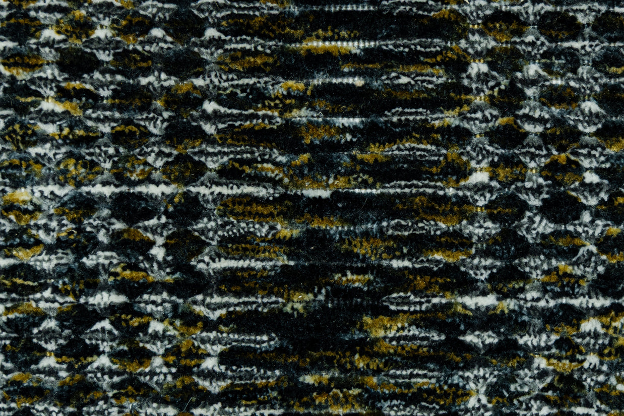 Detail Shot of Textured Blue and Black Pattern Hand-Loom Woolen Handmade Rug for bed rooms, offices, and dining spaces. 