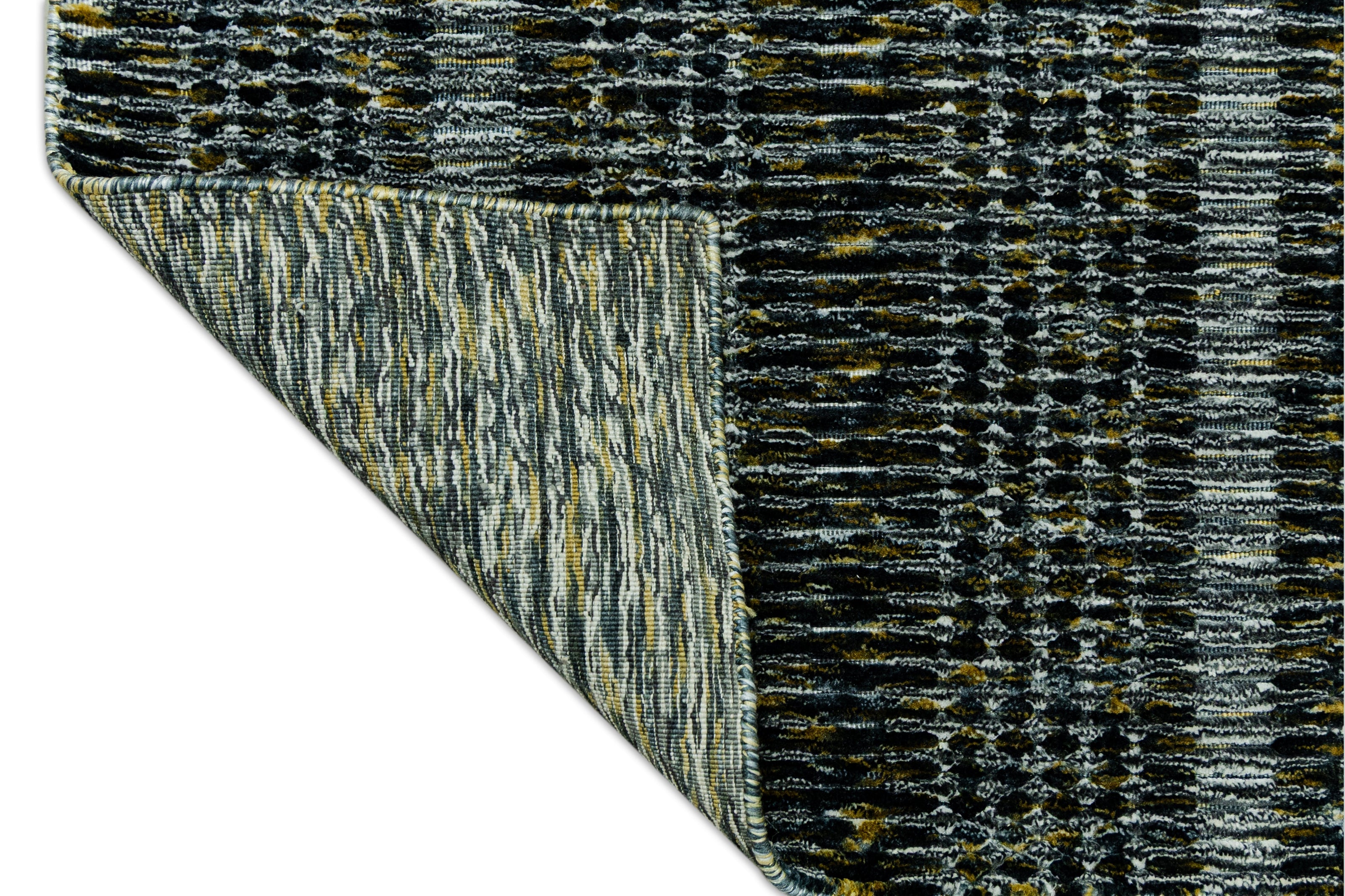 Detail Shot of Textured Blue and Black Pattern Hand-Loom Woolen Handmade Rug for bed rooms, offices, and dining spaces. 