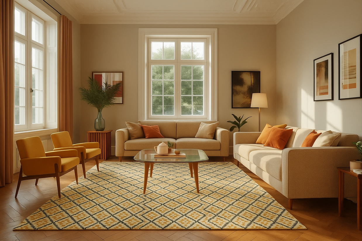 Geometrical Design with Patterned Hand-Knotted New Zealand Wool Rug for living rooms, offices, and dining spaces. 
