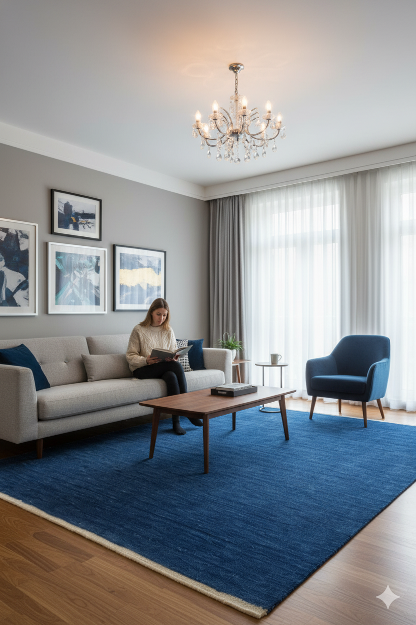 Royal Indigo Textured  Solid Hand-Loom Woolen Rug for Master Bedroom, Offices and Dining Room