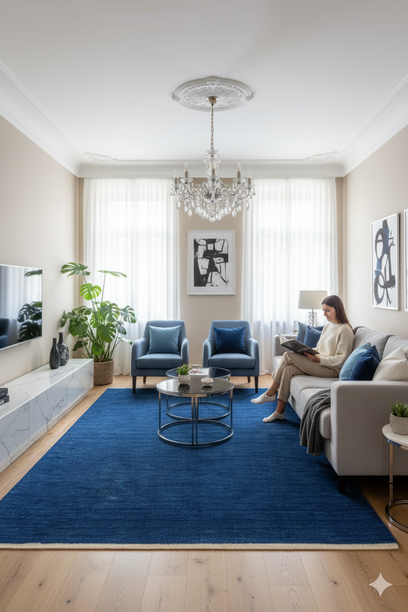 Royal Indigo Textured  Solid Hand-Loom Woolen Rug for Master Bedroom, Offices and Dining Room