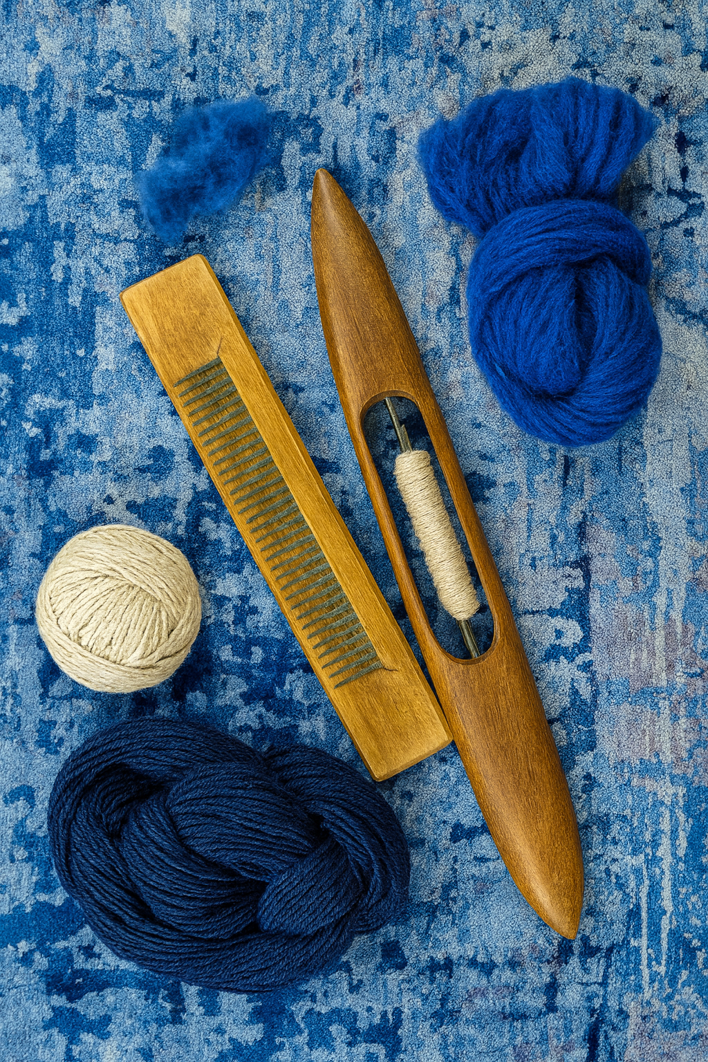 Wooden loom with yarn on a blue textured fabric background