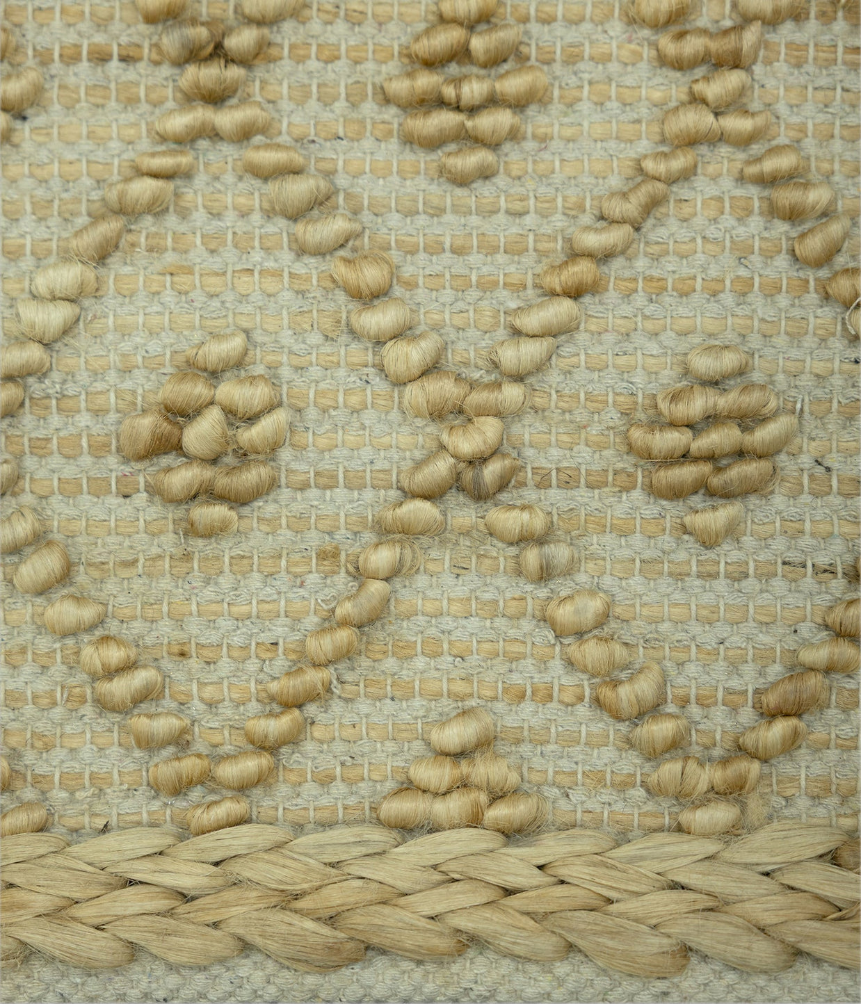 Desert Mosaic | Handwoven Pitloom Jute Rug, Close-up of a woven mat with a textured pattern