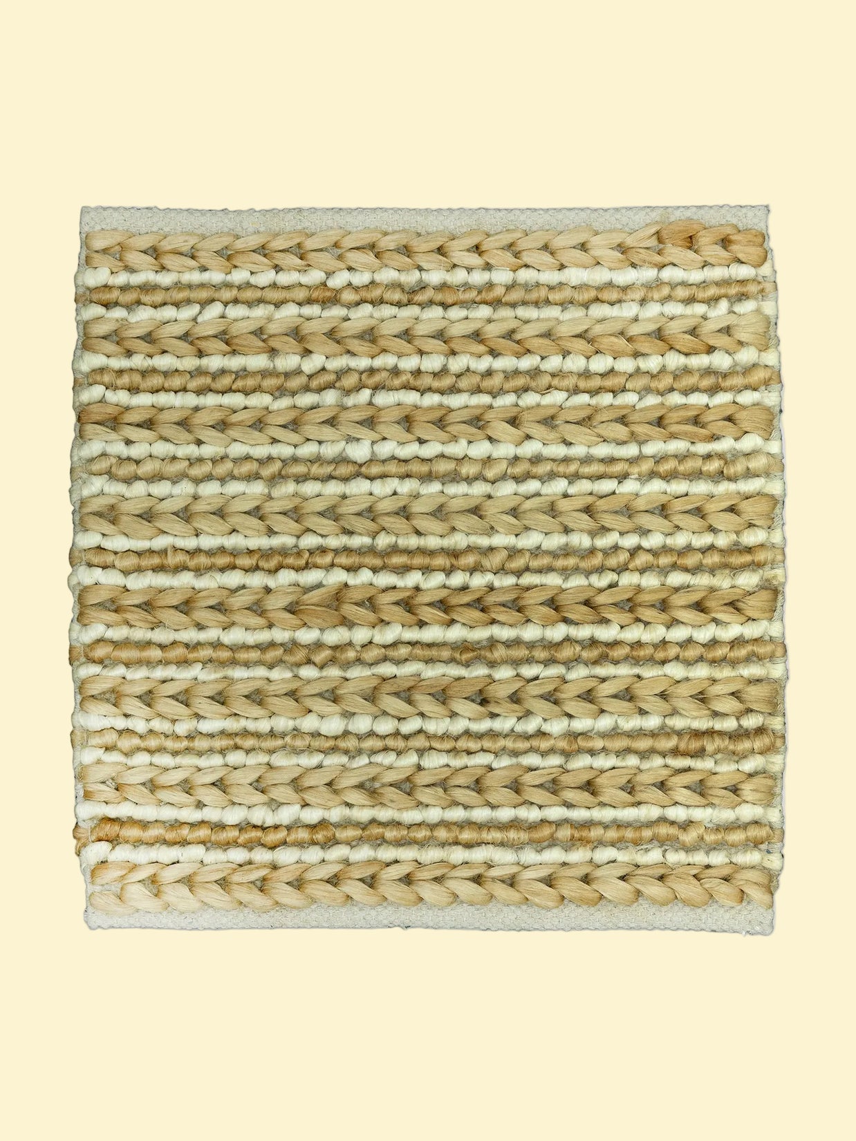 Desert Rhythm | Durry Handwoven Jute Cotton Rug, Woven natural jute and wool rug with beige and white stripes
