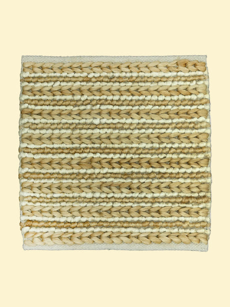Desert Rhythm | Durry Handwoven Jute Cotton Rug, Woven natural jute and wool rug with beige and white stripes
