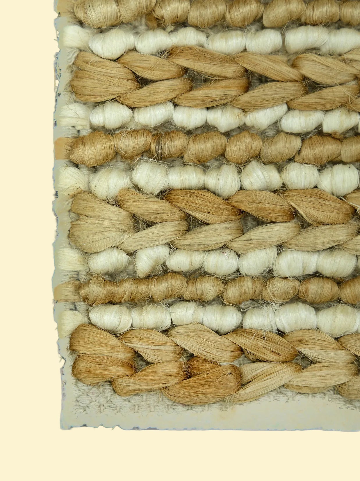 Desert Rhythm | Durry Handwoven Jute Cotton Rug, Close-up of a woven jute and wool pattern with beige & brown on a textured surface.