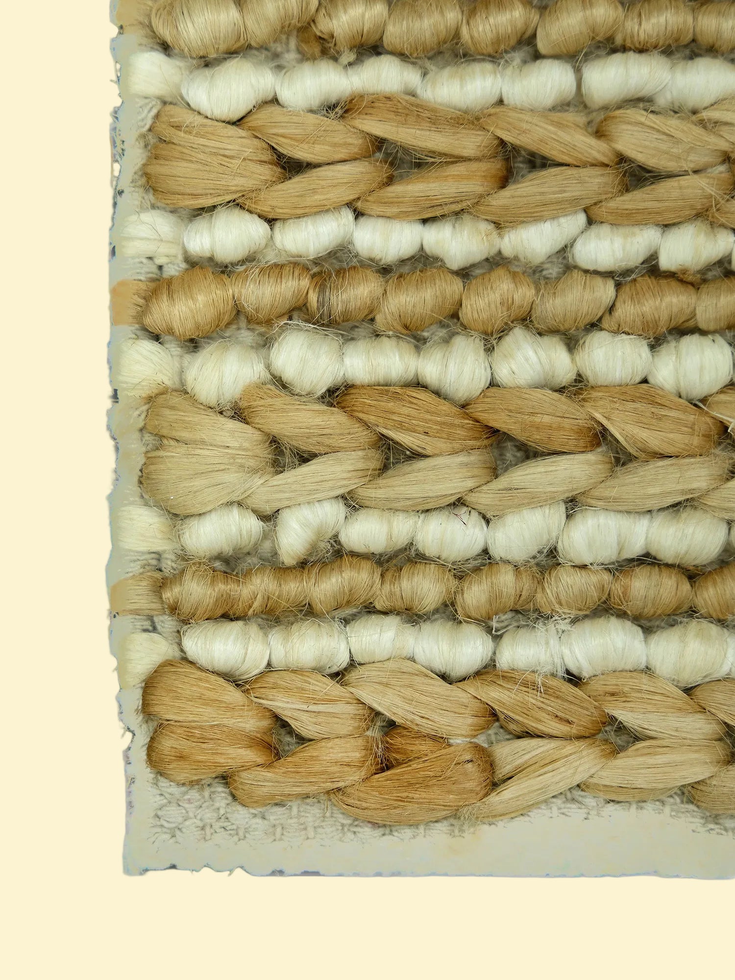 Desert Rhythm | Durry Handwoven Jute Cotton Rug, Close-up of a woven jute and wool pattern with beige & brown on a textured surface.