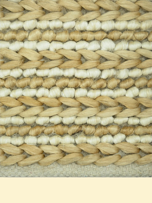 Desert Rhythm | Durry Handwoven Jute Cotton Rug, Close-up of woven jute and wiil material with beige and white colors.