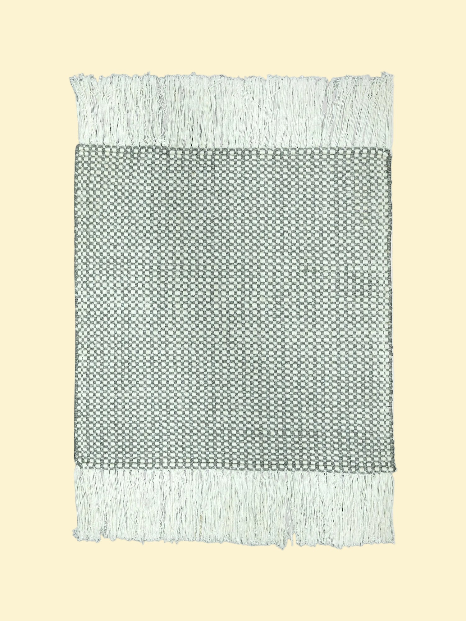 Outdoor Pitloom PET Yarn Rug, handmade Textured green and white blanket with fringes