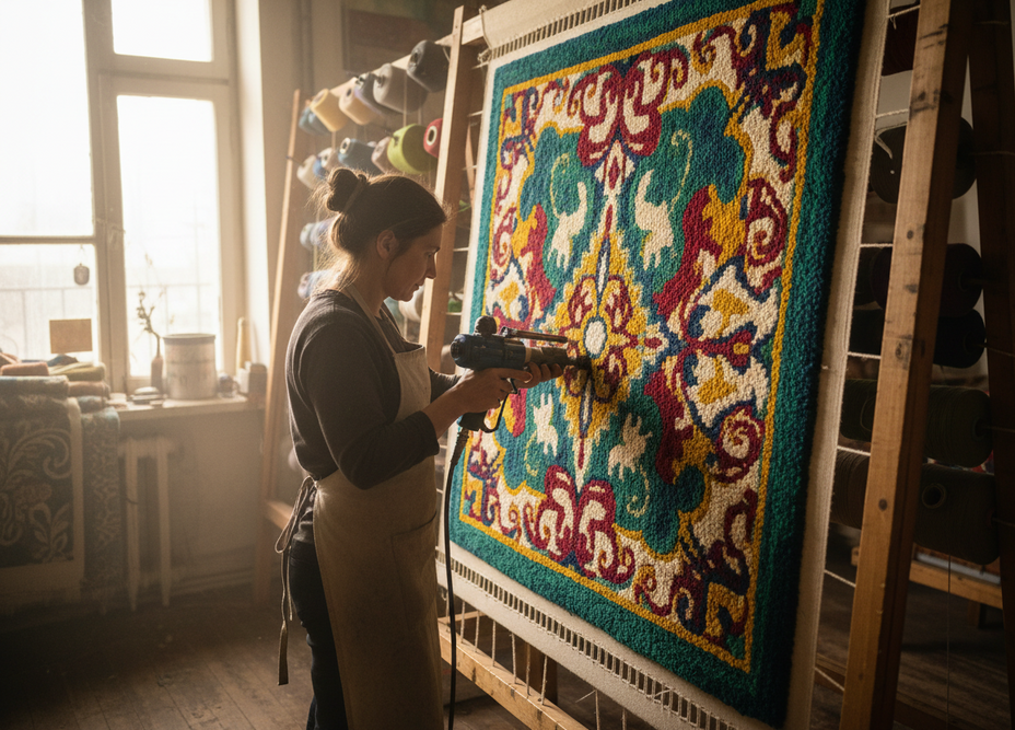 A women handtufting a carpet in Verticle or Portrait aspect ratio
